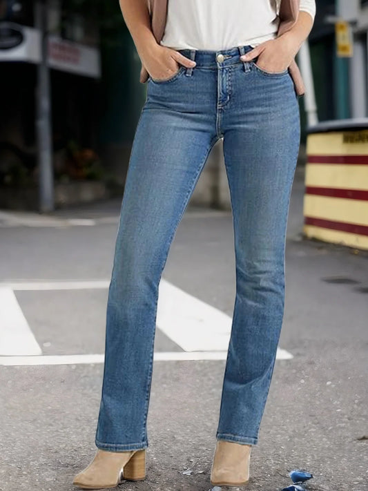 Women's Mid Waist Elastic Slim Fit Straight Leg Jeans with Slanted Pockets, Machine Washable, Suitable for Daily Wear