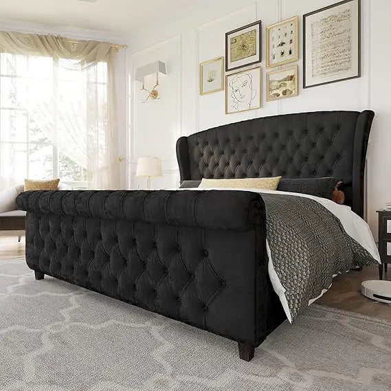 AMERLIFE King Size Platform Bed Frame, Chenille Upholstered Sleigh Bed with Scroll Wingback Headboard & Footboard/Button Tufted/