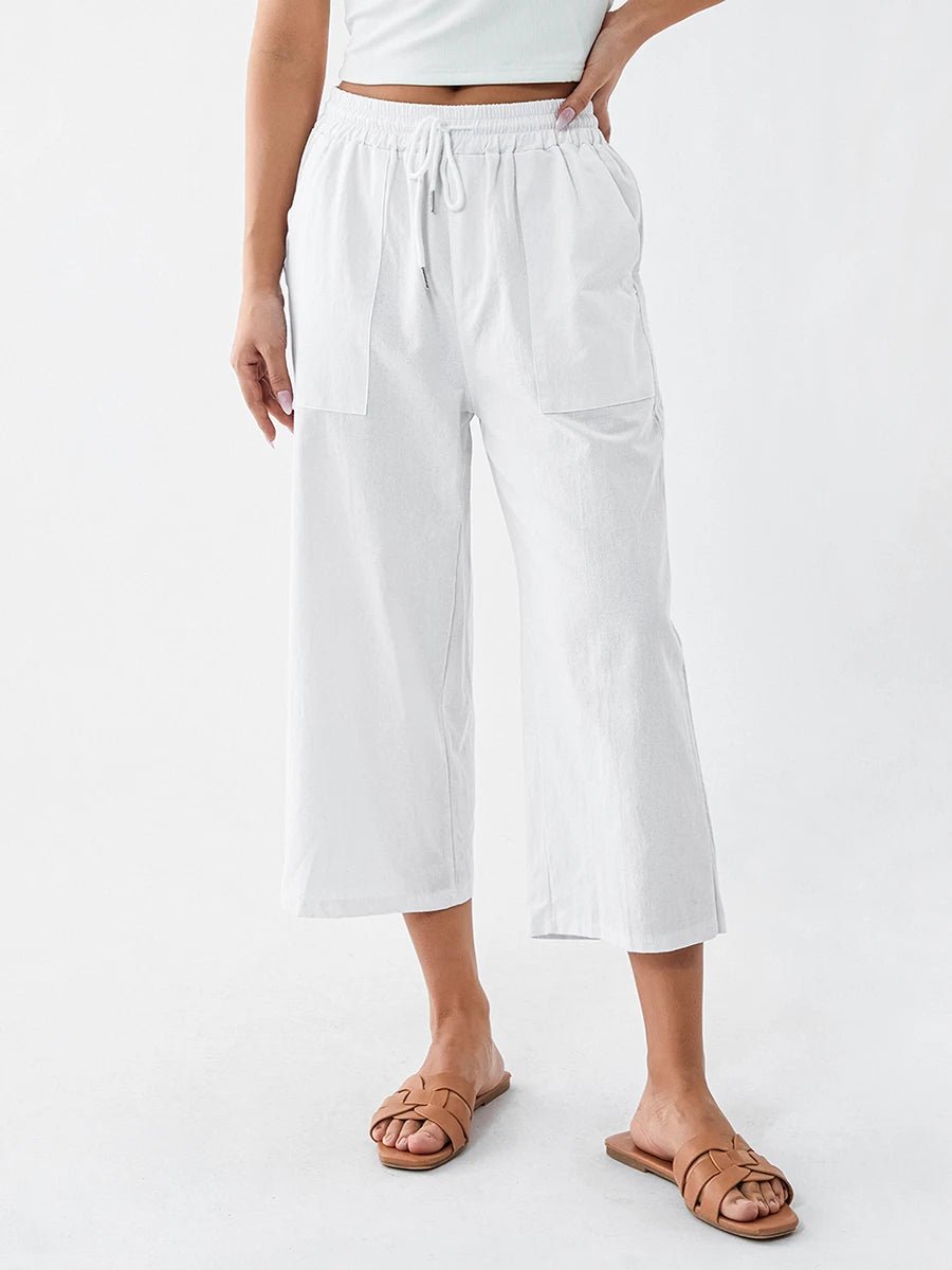 Women s Summer Capris Drawstring Elastic Waist Solid Color Loose Cropped Pants Casual Trousers