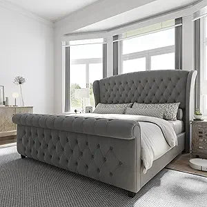 AMERLIFE King Size Platform Bed Frame, Chenille Upholstered Sleigh Bed with Scroll Wingback Headboard & Footboard/Button Tufted/
