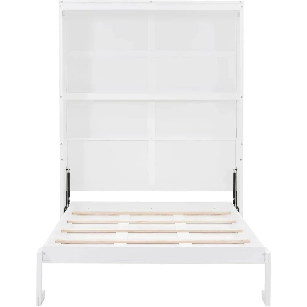 Full Size Murphy Bed, Wood Full Murphy Cabinet Bed with Shelves, for Home Office or Small Room, White