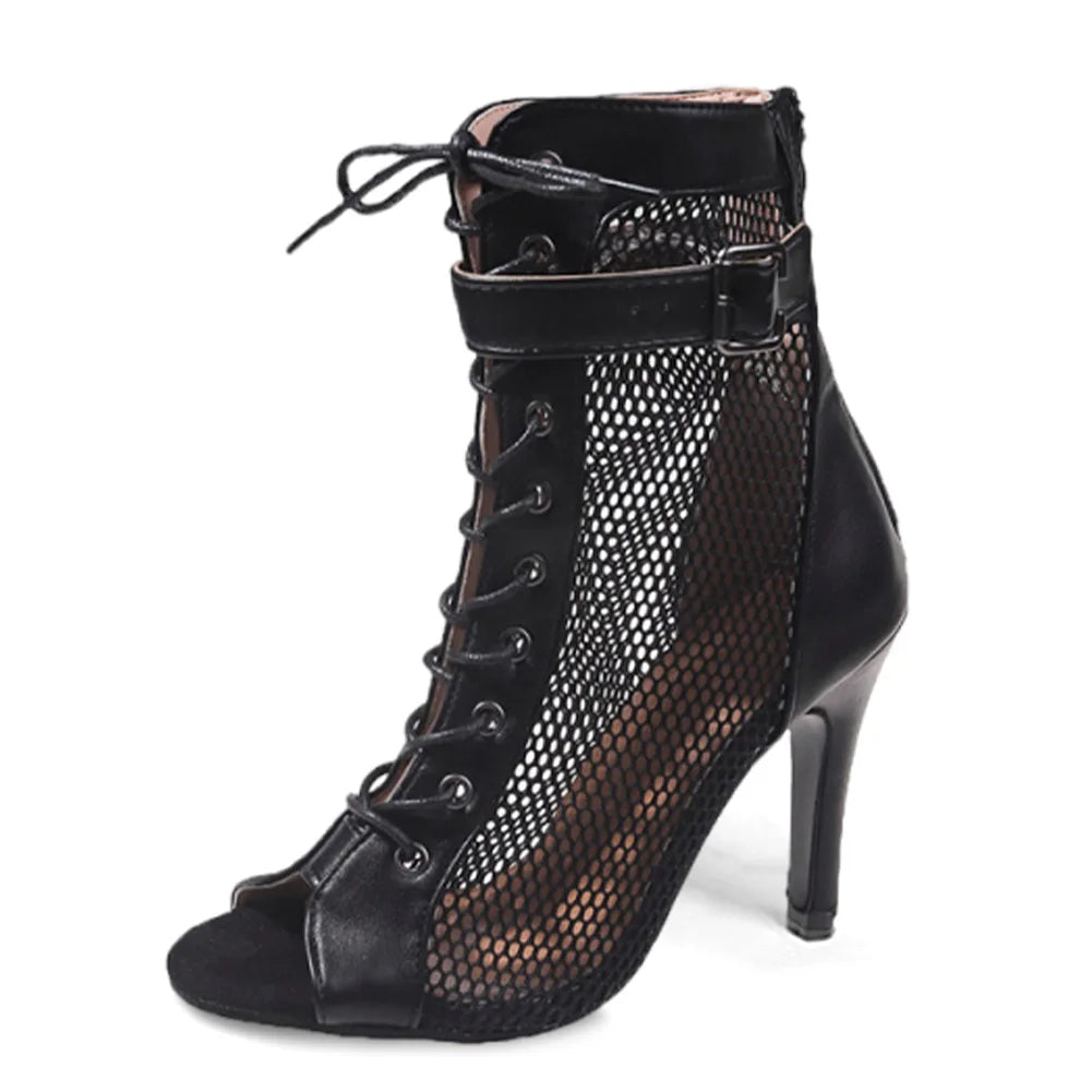 Women Mesh Sandals Peep Toe High Top Sandals Lace Up Ballroom Boots Buckle Strap Summer Boots Pump Shoes for Party