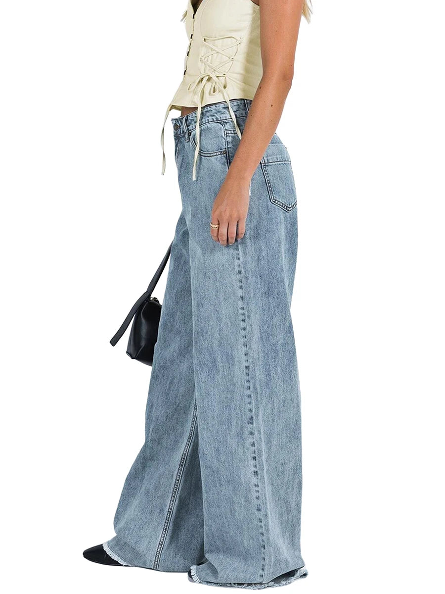 Women Wide Leg Jeans Trousers Solid Color Elastic Casual Loose Pants for Work Office Streetwear