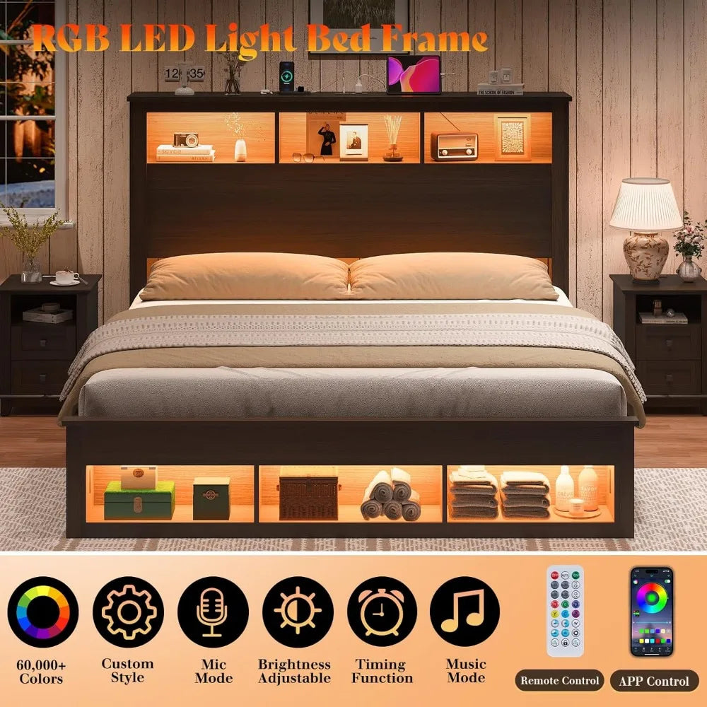 Queen Size Bed with Bookcase Storage Headboard and Footboard, LED Platform Bed Frame with Charging Station/No Box Spring Needed