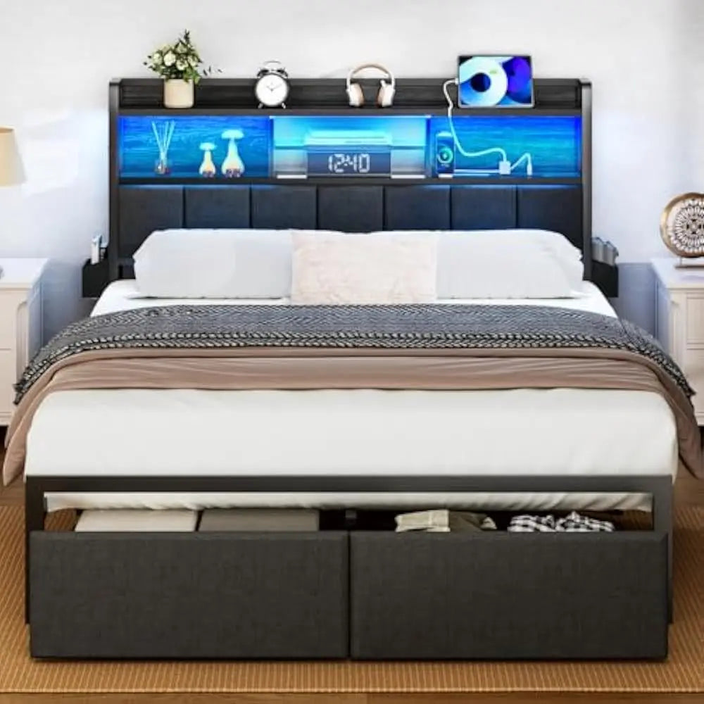 LED Queen Size Bed Frame with Storage Drawer and Charging Station, Metal Platform, No Box Spring Needed, Queen Size Bed Frame