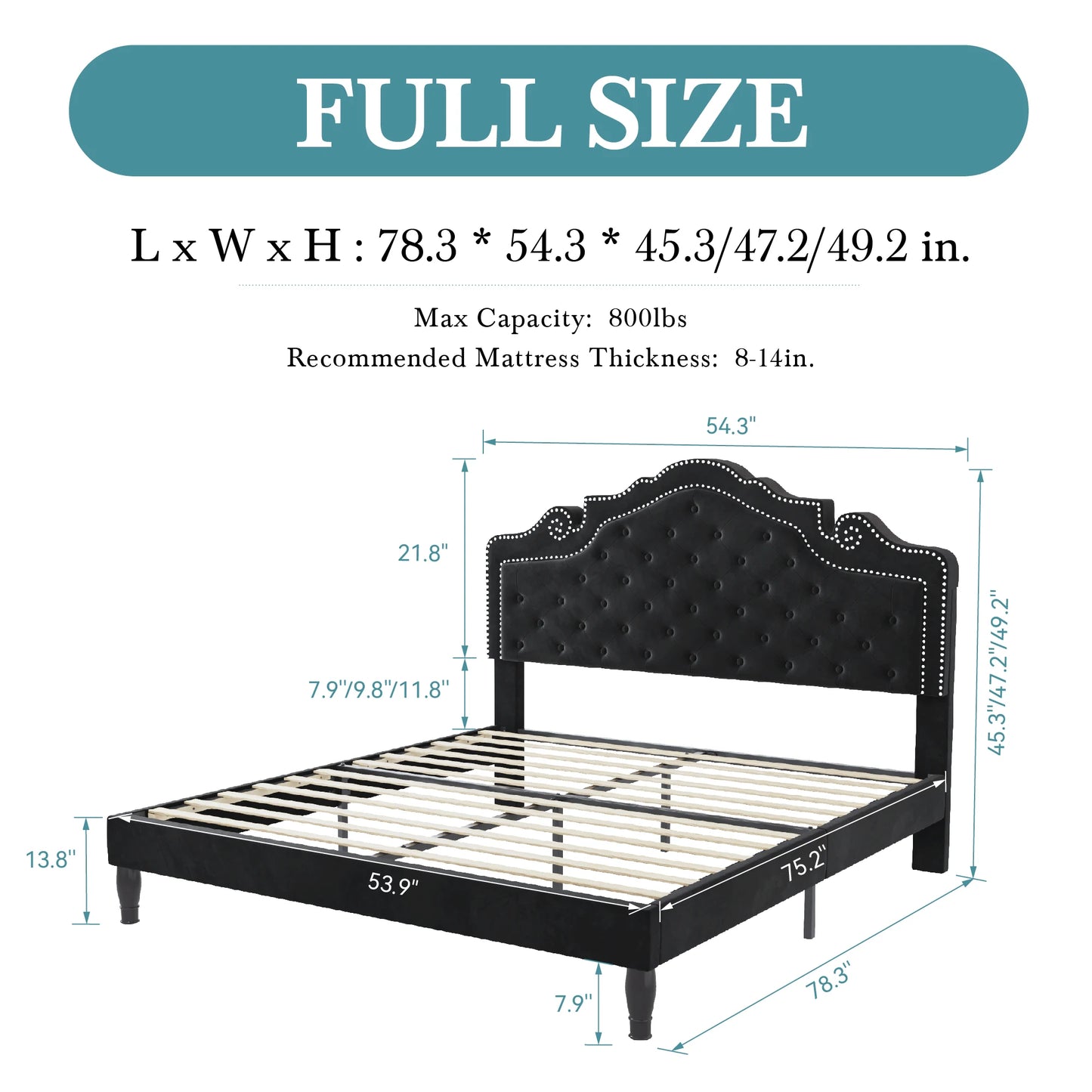 Bed Frame with Adjustable Velvet Tiara Headboard, Upholstered Diamond Button Tufted Platform Bed, Wood Slats Support,