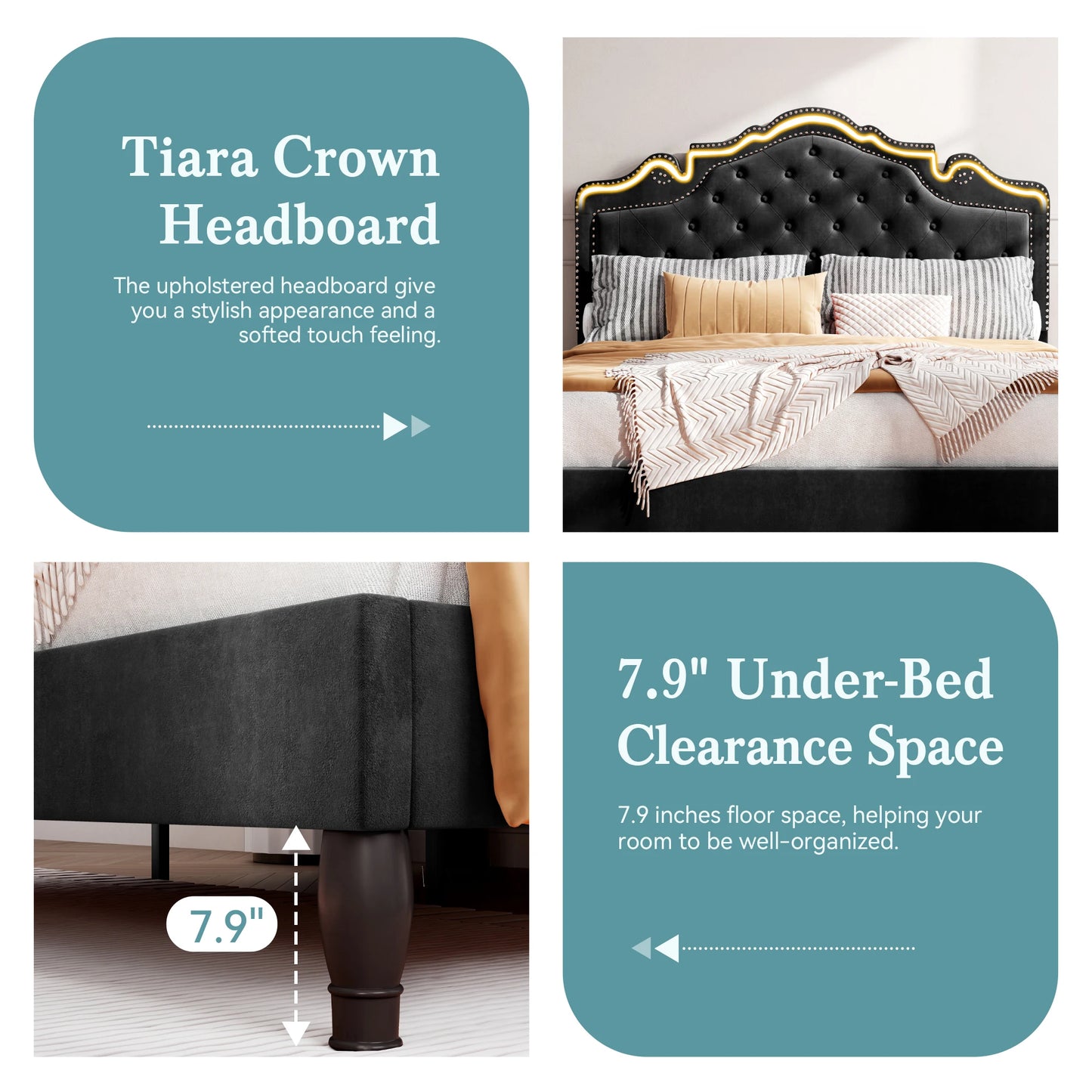 Bed Frame with Adjustable Velvet Tiara Headboard, Upholstered Diamond Button Tufted Platform Bed, Wood Slats Support,