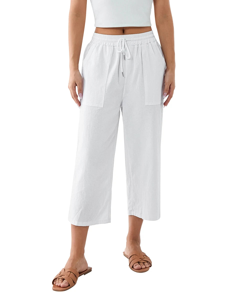 Women s Summer Capris Drawstring Elastic Waist Solid Color Loose Cropped Pants Casual Trousers