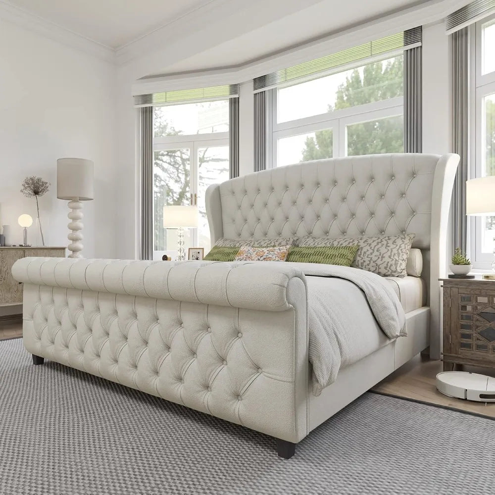AMERLIFE King Size Platform Bed Frame, Chenille Upholstered Sleigh Bed with Scroll Wingback Headboard & Footboard/Button Tufted/