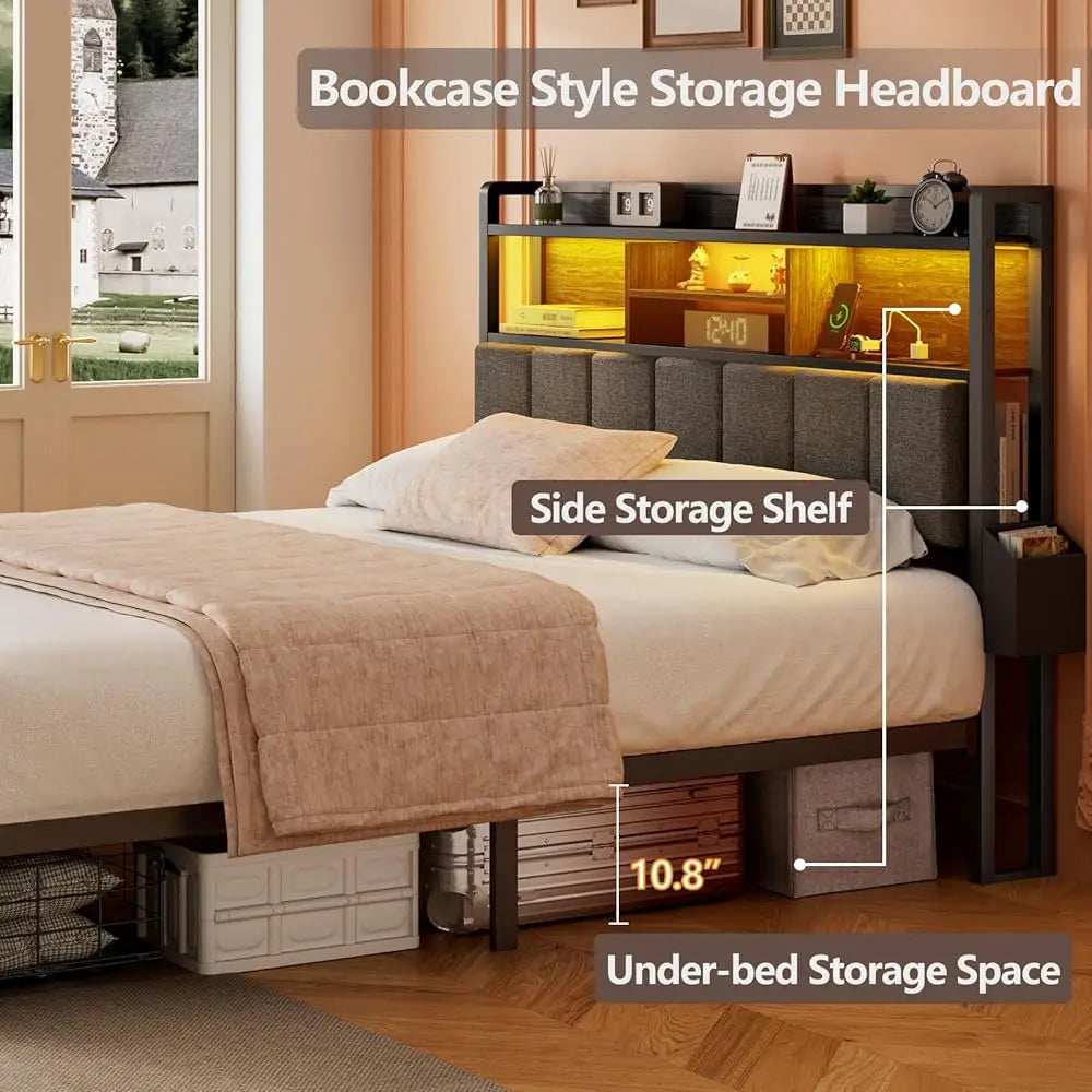 LED Queen Size Bed Frame with Storage Drawer and Charging Station, Metal Platform, No Box Spring Needed, Queen Size Bed Frame