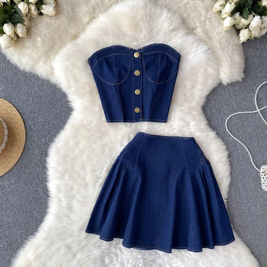 Women Dress Stets Denim Washing Two Pieces Strapless Vest Sheath Basics Pleated Mini Skirts Solid Pockets 2025 Button Sexy
