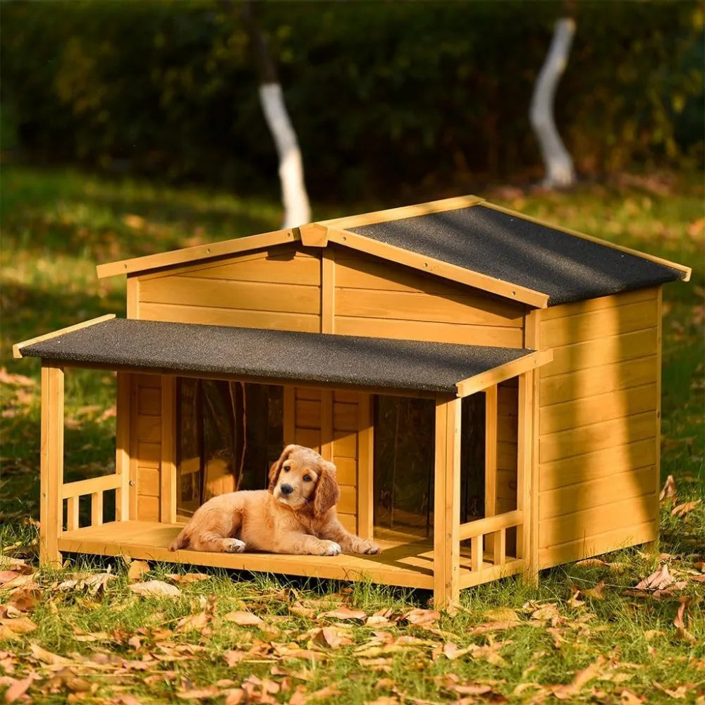 Large Dog House for 2 Dogs, Outdoor Indoor Weatherproof Feral Dog Kennel with Elevated Floor, Porch and 2 Doors, Outside Extreme