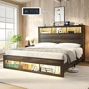 Queen Size Bed with Bookcase Storage Headboard and Footboard, LED Platform Bed Frame with Charging Station/No Box Spring Needed