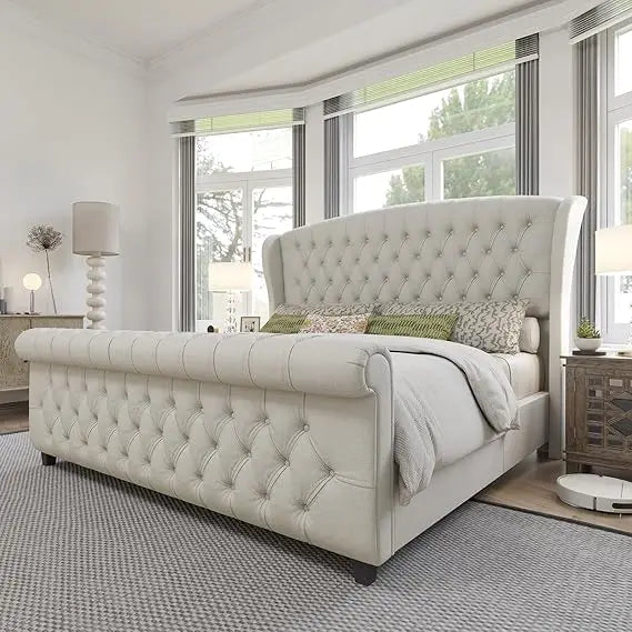 AMERLIFE King Size Platform Bed Frame, Chenille Upholstered Sleigh Bed with Scroll Wingback Headboard & Footboard/Button Tufted/