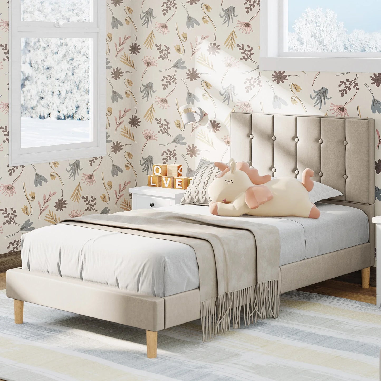 LIKIMIO Twin Bed Frames, Velvet Upholstered Platform Bed Frame with Headboard and Strong Wooden Slats, Pink/Grey/Blue/Beige