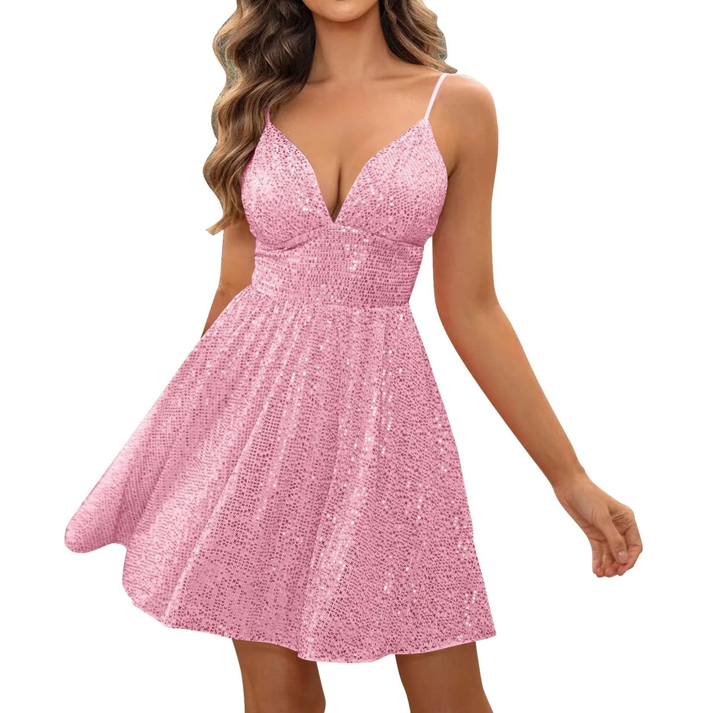 Elegant Women's Dress Casual Solid Color Waist Cinched V-Neck Dress Summer New Evening Party Dresses