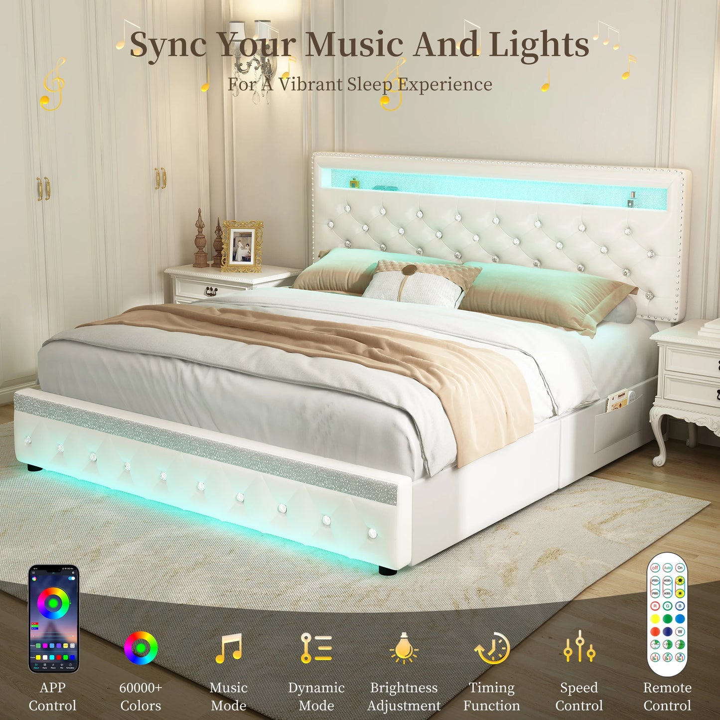 Modern Queen Bed Frame with Drawers, White PU Leather Upholstered Platform with Crystal Tufted Adjustable Headboard, Strong Meta