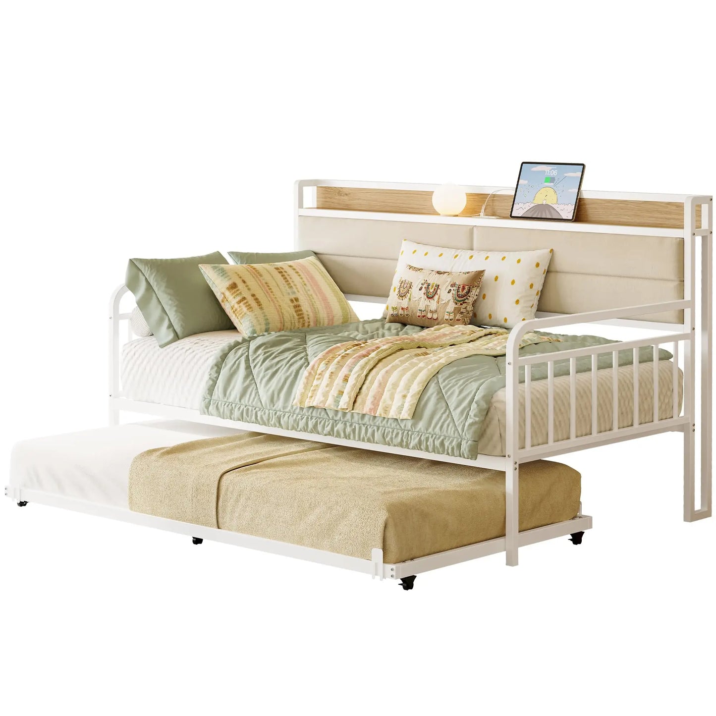 LIKIMIO Bed Daybed with Trundle, Sturdy Metal Twin Bed Frame with Upholstered Headboard Charging Station Living Room, Bedroom