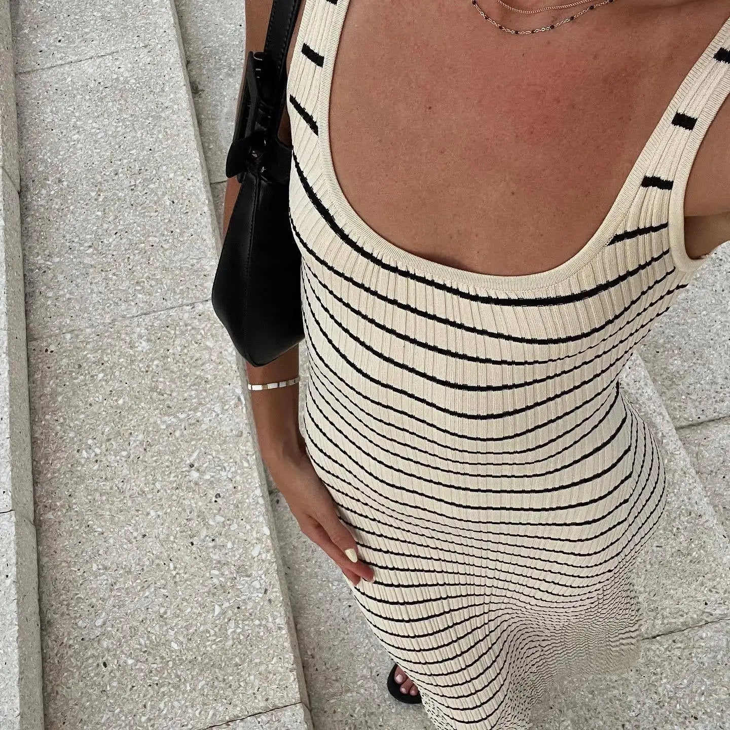 Striped vest color contrast European and American wind beach vacation sexy long skirt knitted pit strip long dress summer girl