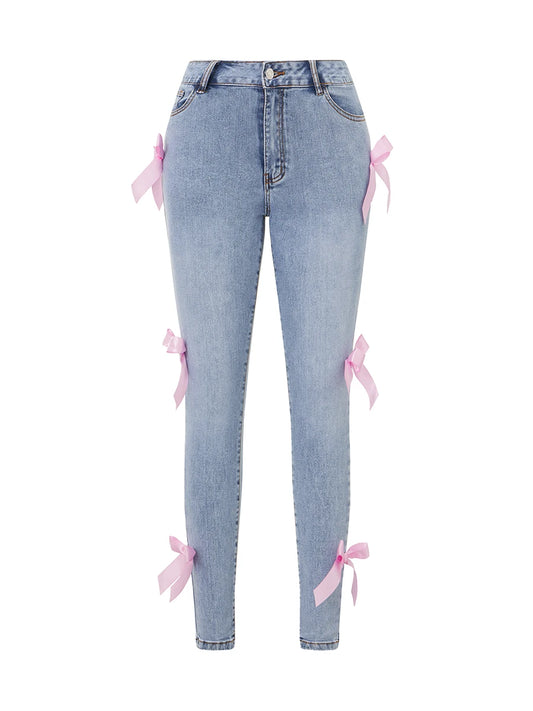 Women s High Waist Skinny Jeans Leggings with Bow Detail - Stylish Denim Pants for Party Club and Streetwear Fashion