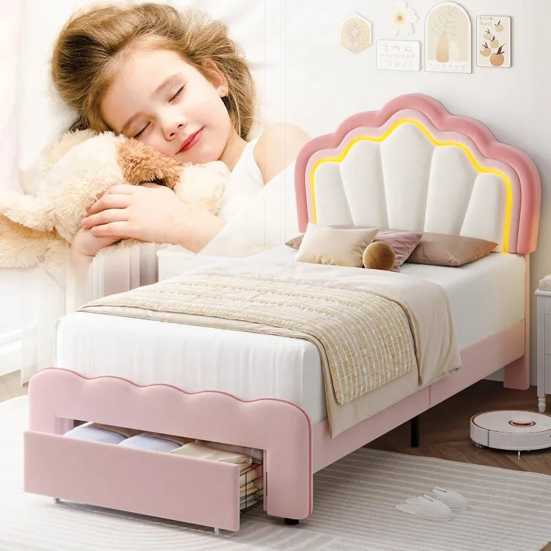 HOSTACK Twin Upholstered LED Bed Frame with Storage Drawer, Cute Girls Bed,Velvet Princess Platform Bed Frame,  Pink/Beige