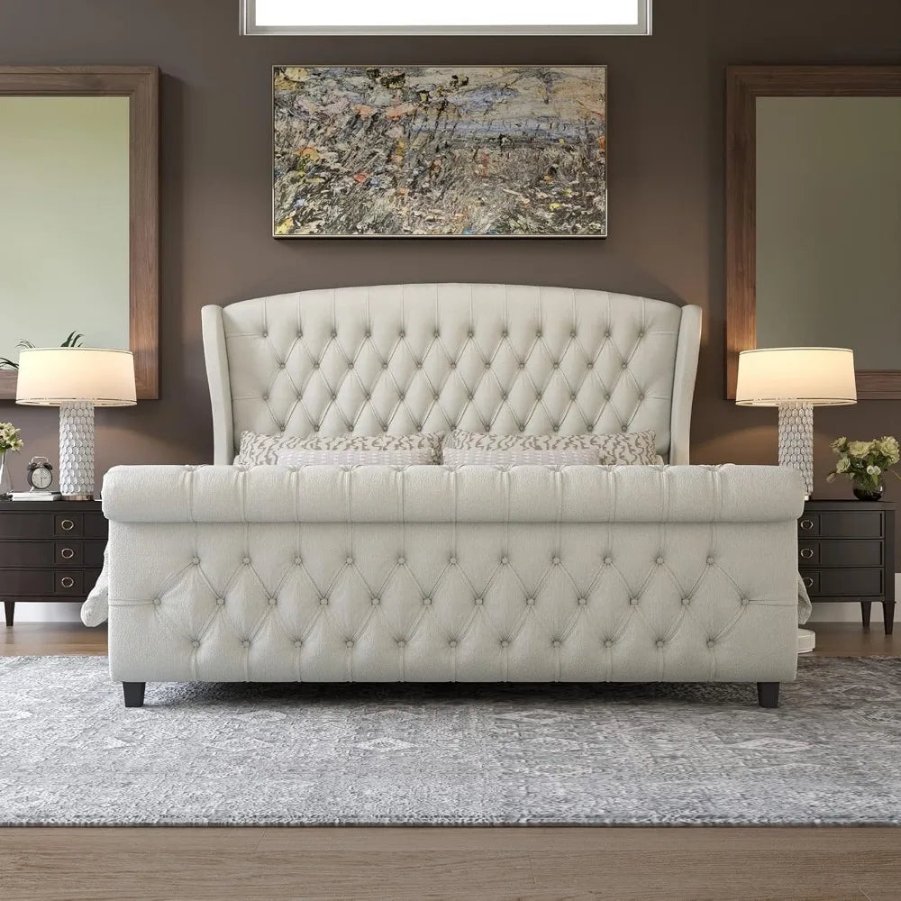 AMERLIFE King Size Platform Bed Frame, Chenille Upholstered Sleigh Bed with Scroll Wingback Headboard & Footboard/Button Tufted/