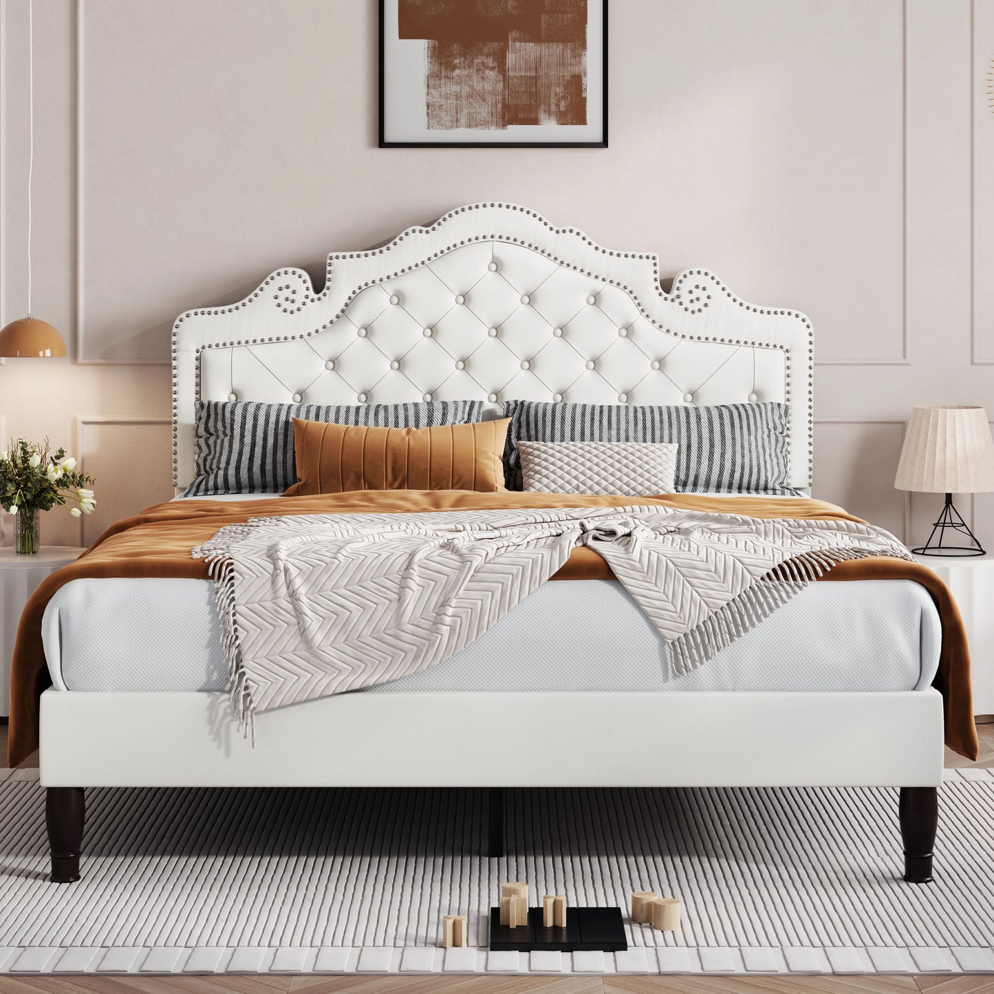 Bed Frame with Adjustable Velvet Tiara Headboard, Upholstered Diamond Button Tufted Platform Bed, Wood Slats Support,