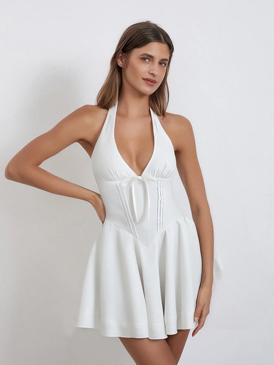 Elegant Lace-Up Halter Neck Dress with Flared Skirt and Open Back Design Perfect for Summer Parties and Events