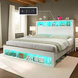 Queen Size Bed with Bookcase Storage Headboard and Footboard, LED Platform Bed Frame with Charging Station/No Box Spring Needed