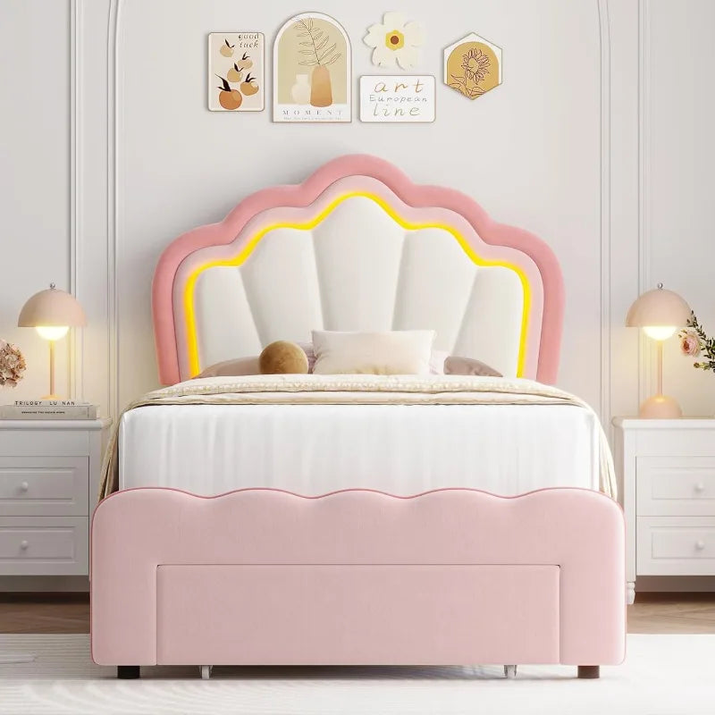 HOSTACK Twin Upholstered LED Bed Frame with Storage Drawer, Cute Girls Bed,Velvet Princess Platform Bed Frame,  Pink/Beige