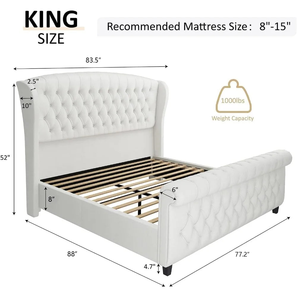 AMERLIFE King Size Platform Bed Frame, Chenille Upholstered Sleigh Bed with Scroll Wingback Headboard & Footboard/Button Tufted/