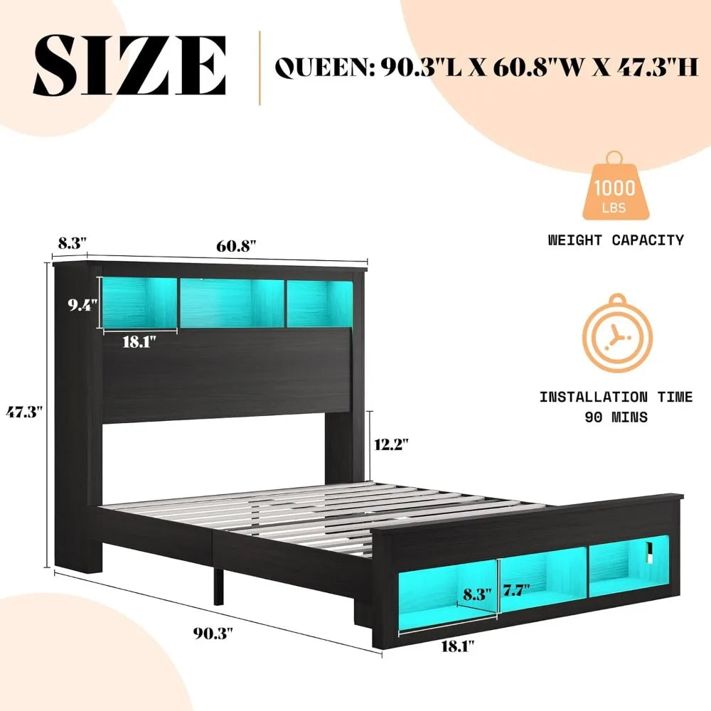 Queen Size Bed with Bookcase Storage Headboard and Footboard, LED Platform Bed Frame with Charging Station/No Box Spring Needed