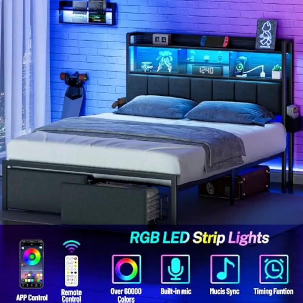 LED Queen Size Bed Frame with Storage Drawer and Charging Station, Metal Platform, No Box Spring Needed, Queen Size Bed Frame