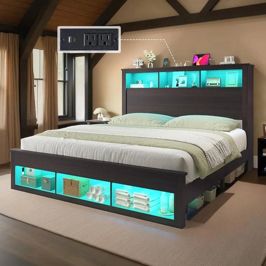 Queen Size Bed with Bookcase Storage Headboard and Footboard, LED Platform Bed Frame with Charging Station/No Box Spring Needed