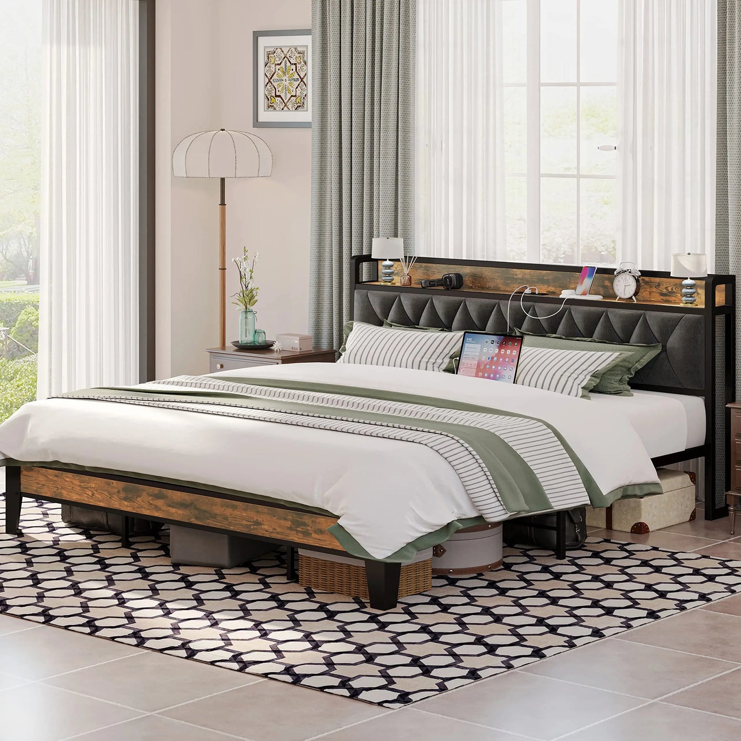 Twin/TwinXL/Full/Queen/King/CaliforniaKing Bed Frames, Storage Headboard with Outlets, No Noise, No Box Springs Needed