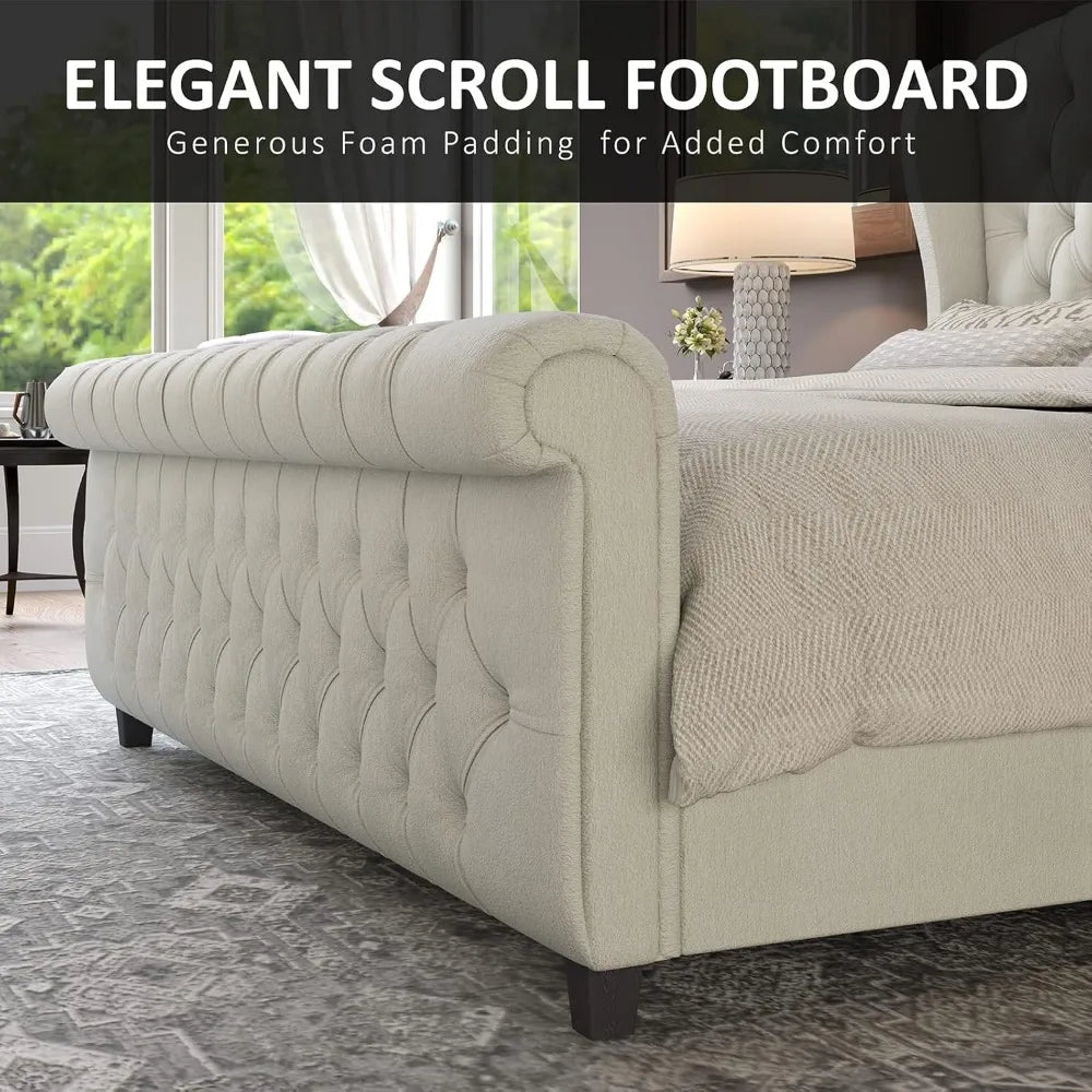 AMERLIFE King Size Platform Bed Frame, Chenille Upholstered Sleigh Bed with Scroll Wingback Headboard & Footboard/Button Tufted/